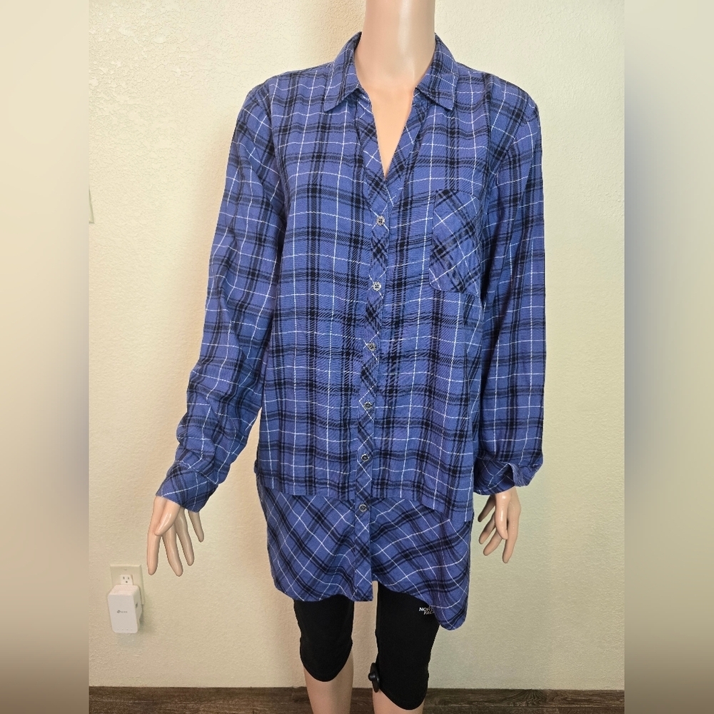 J. Jill Womens Medium Size Xl Blue & Black Plaid Button Up Shirt 100 % Cotton